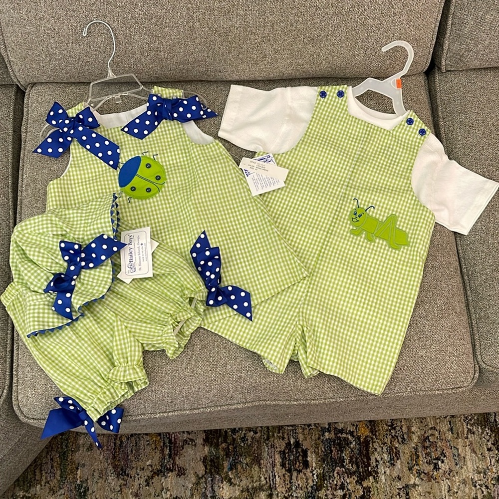 SIBLING 4T boy romper and matching girl 2 piece sundress and hat NEW